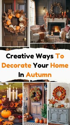 a collage of photos with pumpkins, candles and wreaths on the front door