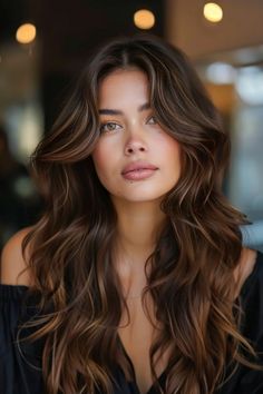 Woman with long, wavy brown hair and a contemplative expression, indoors with soft lighting. Expensive Brunette, Espresso Hair Color, Polished Hair, Rich Brunette, Chocolate Brown Hair, Glossy Hair, Black Hair Color, Brown Balayage