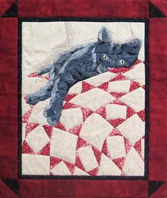 a black cat laying on top of a red and white quilt