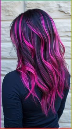 Hot Pink Streaks In Black Hair, Dark Hair With Hot Pink Highlights, Purple And Fuschia Hair, Magenta Hair Ombre, Summer Vivid Hair Color, Magenta Ombre Hair, Cute Hair Colors For Brunettes, Fantasy Hair Color Ideas