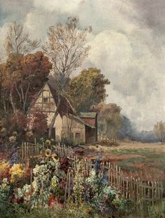 a painting of a farm house with flowers in the foreground