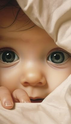 a baby with blue eyes peeking out from under a blanket