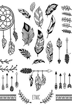 a set of hand drawn feathers and arrows