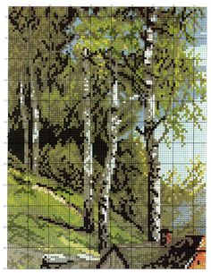 a cross stitch pattern with trees in the background