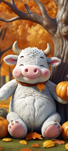 a cartoon cow sitting next to a tree with pumpkins