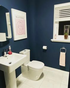 a white toilet sitting next to a bathroom sink under a window in a blue room