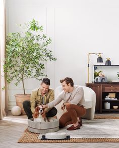 two men petting a dog on the floor in front of a potted plant