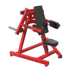 a red and black weight bench with the seat up to it's back, on a white background