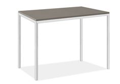 a white and gray table with a wooden top on an isolated surface, viewed from the front