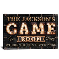 the jackson's game room is where the fun never ends sign with marquee lights