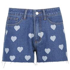 Heart Printing Wide-Leg Denim Shorts Women High Waist Slimming Casual Pants-CXYKJ- Y2k Outfits Ideas, Y2k Aesthetic Clothes, Korean Heart, Y2k Outfit Ideas, Stretch Denim Shorts, Print Denim, Y2k Outfits, Trendy Shorts, Shorts Women