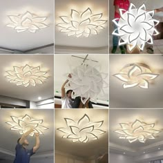 several pictures of different types of lights that are being used to light up the ceiling