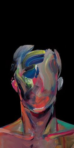 an abstract painting of a man's face with his head tilted to the side