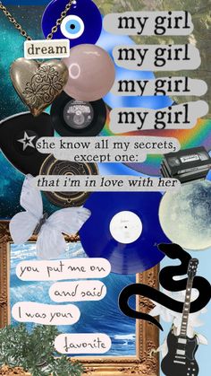 an altered collage with various items and words on it, including a record player