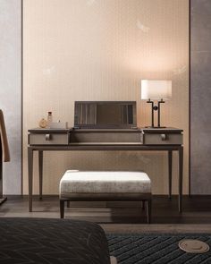 a desk with a mirror, lamp and bench in a room that has carpet on the floor