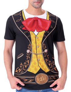 a man wearing a t - shirt with a red bow tie on it's chest