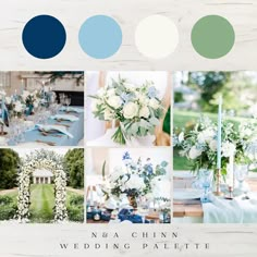 a collage of photos with blue and white flowers, greenery, and candles