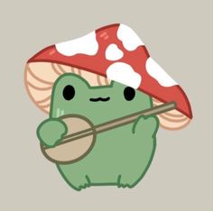 a cartoon character with a mushroom on his head holding a paintbrush in one hand and a brush in the other