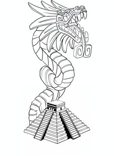 a black and white drawing of a dragon on top of pyramids in the desert