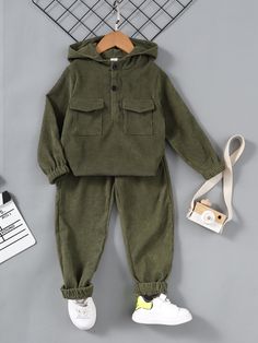 Green Casual Collar Long Sleeve  Plain  Embellished Slight Stretch  Toddler Boys Clothing Toddler Clothes Boy, Kids Fasion, Boys Summer Fashion, Baby Boy Outfits Swag, Toddler Boy Clothes, Kids Winter Outfits, Button Hoodie, Boys Fall Outfits, Shein Kids