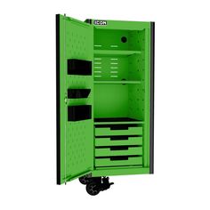 a green storage cabinet with drawers and wheels on the bottom shelf is open to reveal its contents