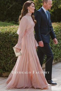 Kate Middleton Pink Long Sleeve A-line Wedding Guest Dress Inspiration Images Wedding Guest Dress With Long Sleeves, A Line Evening Gowns Elegant, Kate Middleton Dresses Gowns, Pink Dress Elegant Long Sleeve, Mother Of The Bride Dresses Long Elegant, Prince Of Jordan, Celebrity Wedding Guest, A Line Wedding Guest Dress, Wedding Guest Dress Pink