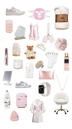 a collage of various items that include shoes, clothing and other things