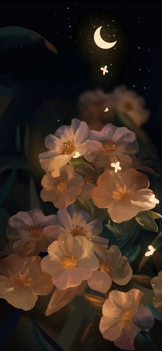 the flowers are blooming in the dark night with moon and stars above them,