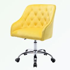 a yellow office chair sitting on top of a metal frame wheel casteor footrest