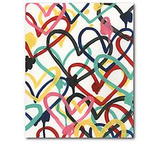 an abstract painting with hearts and arrows in multicolors on a white paper background