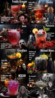 halloween cocktails with names and pictures for each type of drink in the image, there is