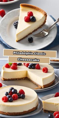 there are three different types of cheesecakes on the plates