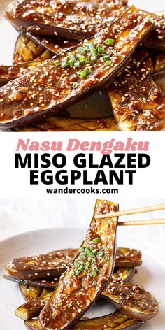 an eggplant dish on a plate with chopsticks in it and the words maso glazed eggplant