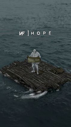 a man standing on top of a raft in the middle of the ocean with words above it