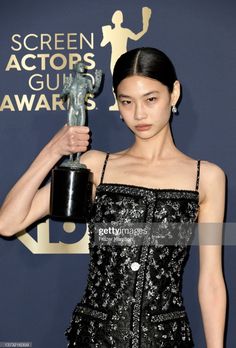 the actress poses with her award for best performance in a musical role at the 69th annual