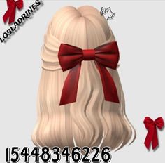 an image of a woman's long blonde hair with a red bow on it