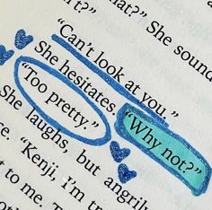 an open book with blue writing on it and hearts in the pages that read, can't look at you she hates to pretty but she laughs