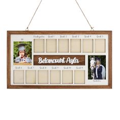 a wooden frame with two photos hanging from the front and back of it, that says belmont