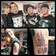 three pictures of people with tattoos on their arms and legs, one has a ship in the background