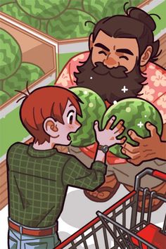 a man with a beard is holding watermelon in front of another man who is pushing a shopping cart