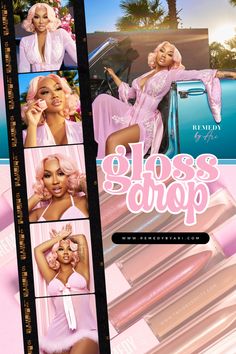 an advertisement for a cosmetics brand with photos of women in pink dresses and makeup products