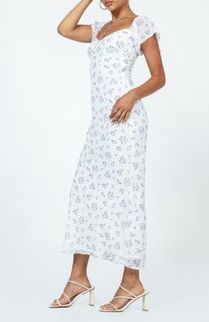 A sweetheart neck and Empire waist lend vintage-inspired romance to a lightweight maxi dress perfect for the warmer months. 53 1/2" length (size US 4) Hidden side-zip closure Sweetheart neck Short sleeves Lined 100% polyester Hand wash, line dry Imported Oral Dress, Foral Dress, Cottagecore Dresses, Rush Outfits, Stylish Maxi Dress, Black And White Outfits, Cute White Dress, School Dance Dresses, 2023 Wishlist