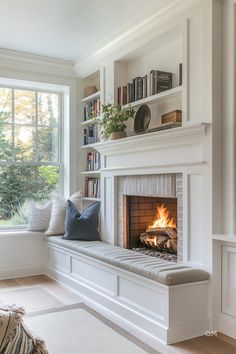 Built-In Around Fireplace: Fireplace With Seats On Each Side, Window On One Side Of Fireplace, Gas Fireplace In Kitchen, Cottage Fireplace With Built Ins, Built In By Window, Basement Family Room With Fireplace, Fireplace With Bookshelves On One Side, Fireplace Next To Front Door, Built In Bookshelf Fireplace