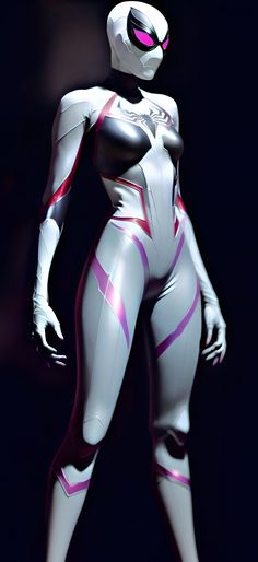 a futuristic woman in white and pink suit