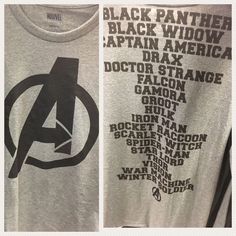 two t - shirts with avengers logos on them, one in grey and the other in black