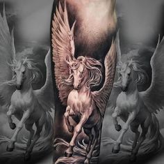 an arm with some white horses on it and one horse is flying in the air