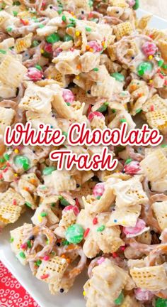 white chocolate and cereal snack mix on a platter with the words, white chocolate and marshmallows