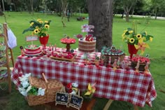 a table covered with cakes and cupcakes on top of a grass covered field