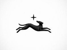 a black and white photo of a dog flying through the air with a star in its mouth