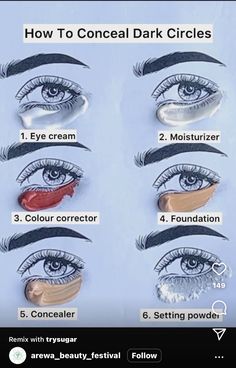 Make Up Tips And Tricks Hacks, Circle Face Makeup, Color Corrector For Dark Circles, Makeup For Dark Circles, Dark Circles Makeup, Learn Makeup